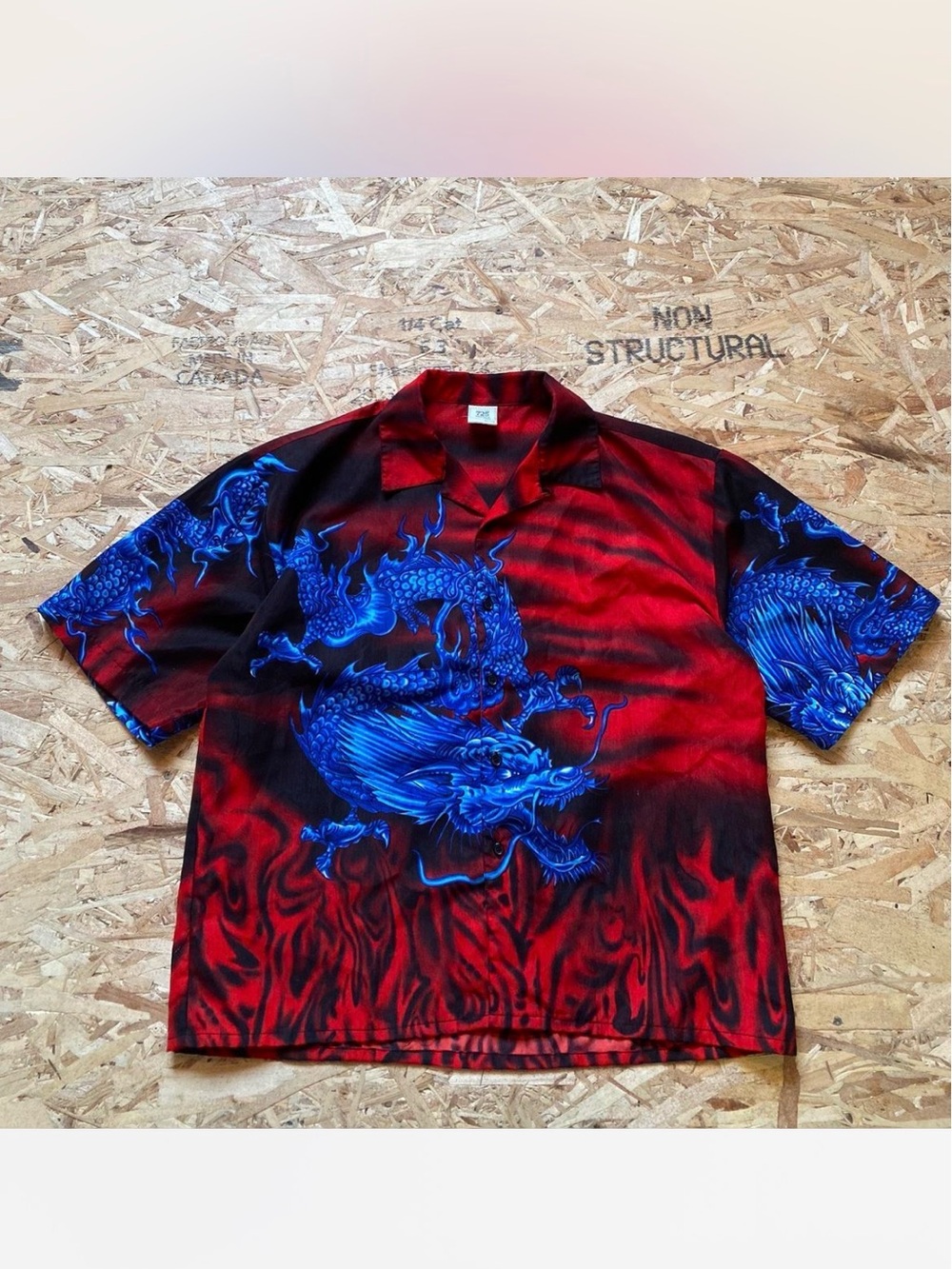 Y2K Blue Dragon Print Button-Down Shirt for Kids - Red & Blue